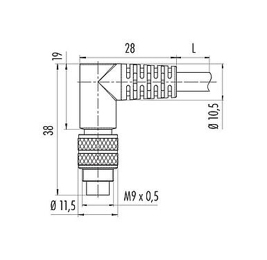 Dibujo a escala M9 Conector hembra en ángulo, Número de contactos: 2, blindado, moldeado en el cable, IP67, PUR, negro, 5 x 0,25 mm², 5 m