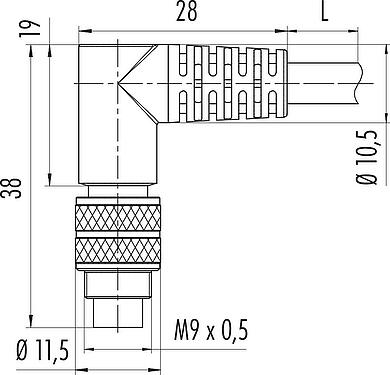 Scale drawing M9 Female angled connector, Contacts: 4, shielded, moulded on the cable, IP67, PUR, black, 5 x 0.25 mm², 2 m