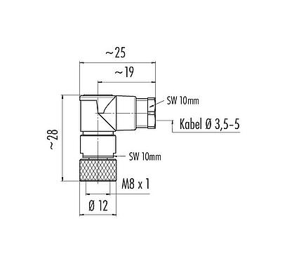 Maßzeichnung M8 Winkeldose, Polzahl: 4, 3,5-5,0 mm, ungeschirmt, löten, IP67, UL 2238