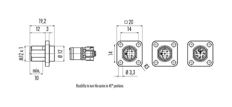 Dibujo a escala M12 Conector de montaje en panel macho cuadrado, Número de contactos: 4, sin blindaje, UL 2238, M3 (4x), Montaje frontal, Alineación de codificación posicionable