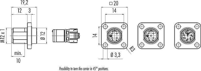 Scale drawing M12 Square male panel mount connector, Contacts: 4, unshielded, UL 2238, M3 (4x), Front mounting, Positionable coding alignment