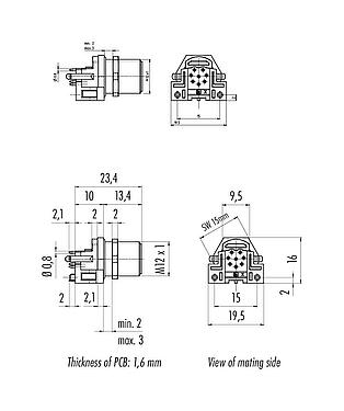 Dibujo a escala M12 Enchufe de brida, Número de contactos: 8, blindable, THR, IP68, UL 2238, M12x1,0, Montaje en pared, para montaje de PCB