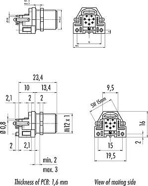 縮尺図 M12 オスパネルマウントコネクタ, 極数: 8, シールド可能, THR, IP68, UL 2238, M12x1.0, 背面パネルマウント, PCB実装