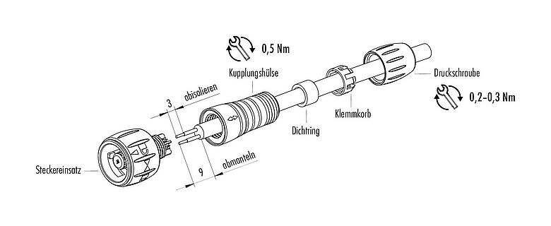 Montageanleitung Bajonett Kabelstecker, Polzahl: 5, 3,0-5,0 mm, löten, IP67