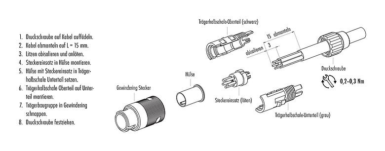Montageanleitung Bajonett Kabelstecker, Polzahl: 2, 4,0-5,0 mm, ungeschirmt, löten, IP40