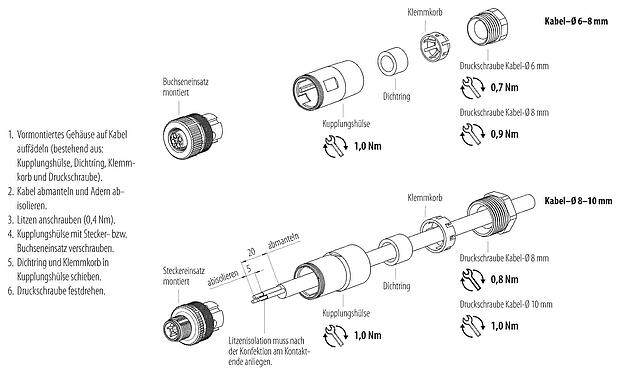 Montageanleitung M12 Kabelstecker, Polzahl: 3+PE, 8,0-10,0 mm, ungeschirmt, schraubklemm, IP67, UL 2238, VDE