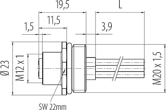 Масштабный чертеж M12 Фланцевая розетка, Количество полюсов: 4, не экранированный, одножильные провода, IP68, UL 2238, M20x1,5, Фронтальное крепление, литой