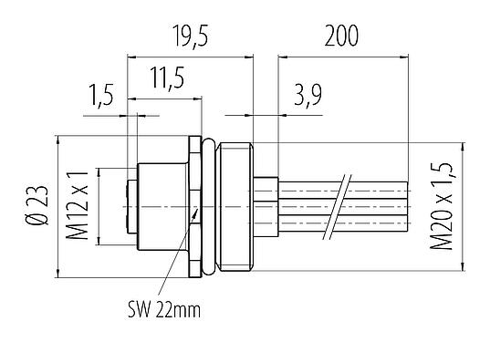 Dessin coté M12 Embase femelle, Contacts: 4, non blindé, fils, IP68, UL 2238, M20x1,5, Montage frontal, coulé