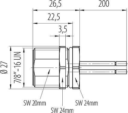 Mittakaavapiirustus 7/8" Laippapistoke, Napojen määrä: 4+PE, suojaamaton, punokset, IP68, UL 2238, VDE, Etukiinnitys, valettu