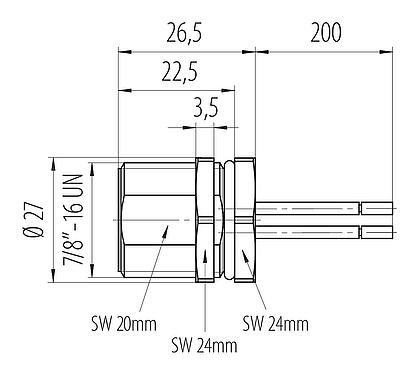 Dibujo a escala 7/8" Enchufe de brida, Número de contactos: 2+PE, sin blindaje, hilos, IP68, UL 2238, VDE, Montaje frontal, moldeado