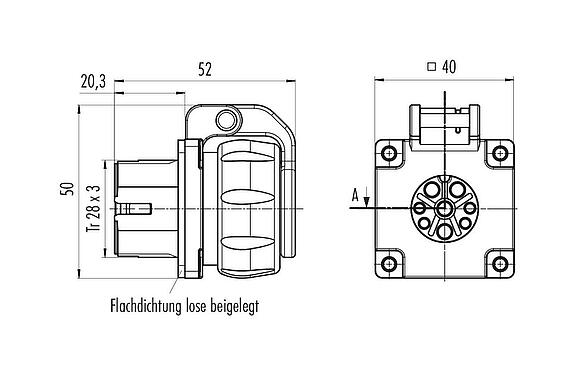 Maßzeichnung Bajonett Flanschdose, Polzahl: 4+PE, ungeschirmt, crimpen (Crimpkontakte müssen separat bestellt werden), IP68/IP69K, UL 2238, VDE, Frontmontage, UV-Beständig