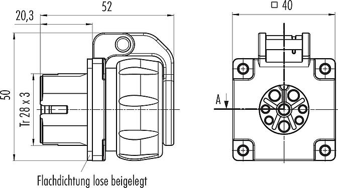 Maßzeichnung Bajonett Flanschdose, Polzahl: 4+3+PE, ungeschirmt, crimpen (Crimpkontakte müssen separat bestellt werden), IP68/IP69K, UL 2238, VDE, Frontmontage, UV-Beständig