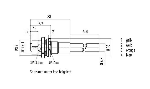 Maßzeichnung M12 Flanschdose, Polzahl: 4, geschirmt, mit Kabel konfektioniert, IP67, UL, PG 9, Profinet, PUR, grün, 2 x 2 x AWG 22, Rückwandmontage, 0,5 m