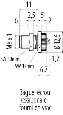 Dessin coté M8 Embase mâle, Contacts: 3, souder, IP67/IP69K, M10x0,75, Montage mural arrière, avec contacts à souder sur fils