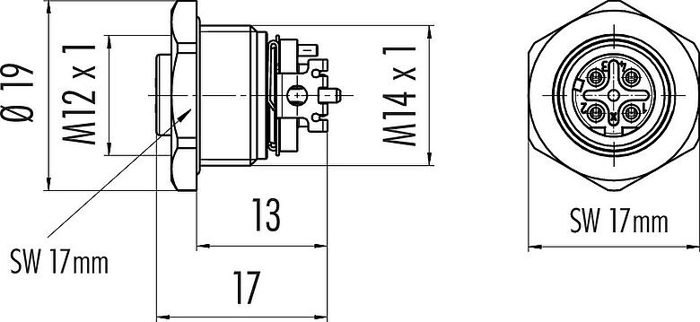 Schaaltekening M12 Female panel mount connector, aantal polen: 4, schermbaar, SMT, IP67, M14x1,0, Frontaansluiting