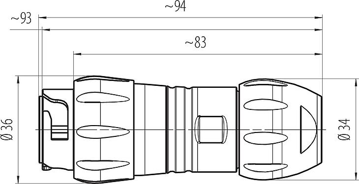 Maßzeichnung Bajonett Kabelstecker, Polzahl: 4+PE, ungeschirmt, schraubklemm, IP67, UL 2238 (in Vorbereitung), UV-Beständig