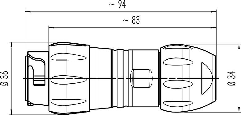 縮尺図 バヨネット オスコネクタケーブル, 極数: 4+PE, 7.0-17.0mm, 非シールド, 圧着(ピンコンタクトは別途注文要), IP68/IP69K, UL 2238, VDE, UV-Beständig