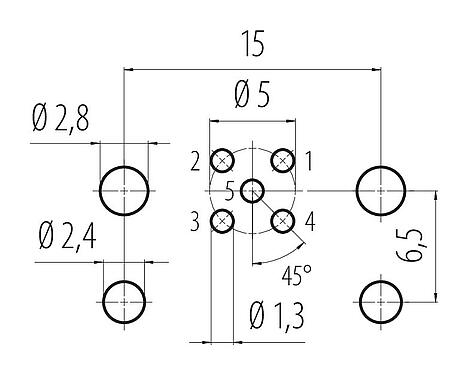 Conductor layout 09 0433 216 05 - M12 Male receptacle, Contacts: 5, unshielded, THT, IP67
