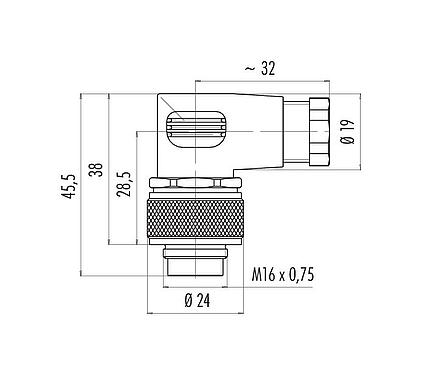 Scale drawing M16 Male angled connector, Contacts: 2 (02-a), 4.0-6.0 mm, unshielded, solder, IP67
