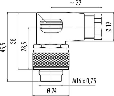 Scale drawing M16 Male angled connector, Contacts: 12 (12-a), 4.0-6.0 mm, unshielded, solder, IP67
