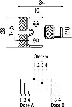 Maßzeichnung M8 Zweifachverteiler, Y-Verteiler, Stecker - 2 Dosen, Polzahl: 4/3, ungeschirmt, steckbar, IP68, UL 2238