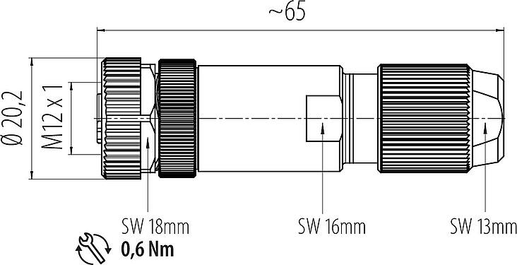 스케일 드로잉 M12 케이블 소켓, 콘택트 렌즈: 4, 5.0-8.0mm, 차폐 가능, 나사 클램프, IP67, UL 2238, 아이리스 스프링