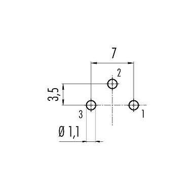 Leiterplattenlayout 09 0107 99 03 - M16 Flanschstecker, Polzahl: 3 (03-a), ungeschirmt, THT, IP67, UL, von vorne verschraubbar