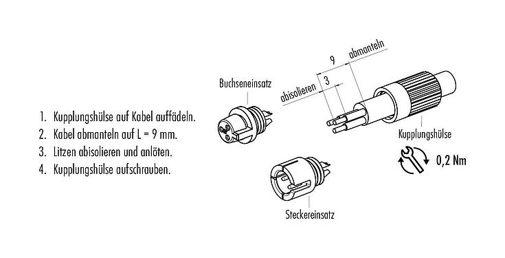 Montageanleitung Snap-In Kabeldose, Polzahl: 3, 3,6 mm, ungeschirmt, löten, IP40
