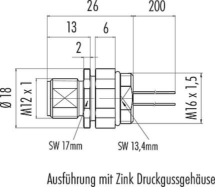 Maßzeichnung M12 Flanschstecker, Polzahl: 8, ungeschirmt, Litzen, IP68, UL 2238, M16x1,5, Frontmontage, Kodierungsausrichtung positionierbar