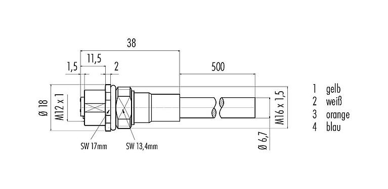Maßzeichnung M12 Flanschdose, Polzahl: 4, geschirmt, mit Kabel konfektioniert, IP67, UL, M16x1,5, Profinet, PUR, grün, 2 x 2 x AWG 22, Frontmontage, 0,5 m