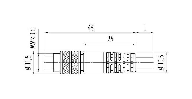 Dessin coté 79 1409 12 04 - M9 Connecteur mâle, Contacts: 4, blindé, surmoulé sur le câble, IP67, PUR, noir, 5 x 0,25 mm², 2 m