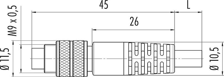 Dessin coté M9 Connecteur mâle, Contacts: 5, blindé, surmoulé sur le câble, IP67, PUR, noir, 5 x 0,25 mm², 5 m