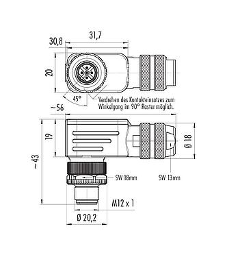 Maßzeichnung M12 Winkelstecker, Polzahl: 5, 6,0-8,0 mm, schirmbar, Käfigzugfeder, IP67, mit Schirmring