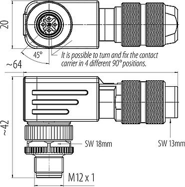 스케일 드로잉 M12 각진 플러그, 콘택트 렌즈: 4, 5.0-8.0mm, 차폐 가능, 나사 클램프, IP67, UL 2238, 아이리스 스프링