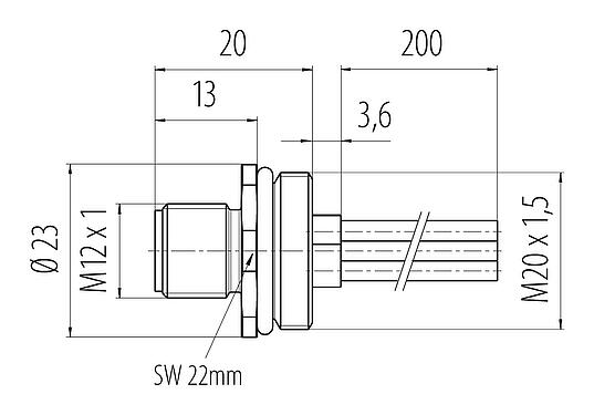 Dessin coté M12 Embase mâle, Contacts: 4, non blindé, fils, IP68, UL 2238, M20x1,5, Montage frontal, coulé
