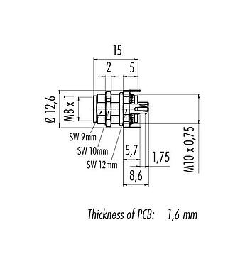 Scale drawing M8 Female panel mount connector, Contacts: 3, shieldable, THT, IP67, UL 2238, M10x0.75, Rear mounting, potted