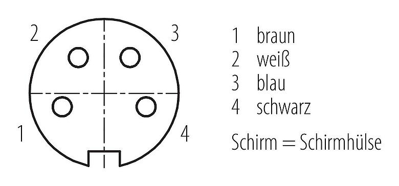 Polbild (Steckseite) M16 Kabeldose, Polzahl: 4, geschirmt, am Kabel angespritzt, IP67, PUR, schwarz, 4 x 0,34 mm², 2 m