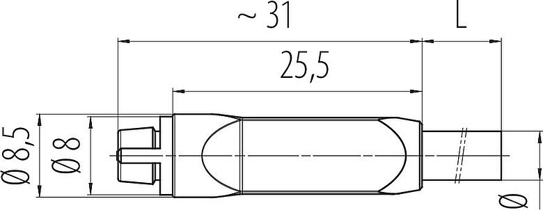 Maßzeichnung Snap-In Kabeldose, Polzahl: 3, ungeschirmt, am Kabel angespritzt, IP40, PVC, schwarz, 3 x 0,25 mm², 2 m