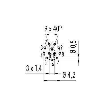Conductor layout M8 Male panel mount connector, Contacts: 12, unshielded, THT, IP67/IP69K, UL 2238, M8x1.0, Rear mounting, screwable from the front