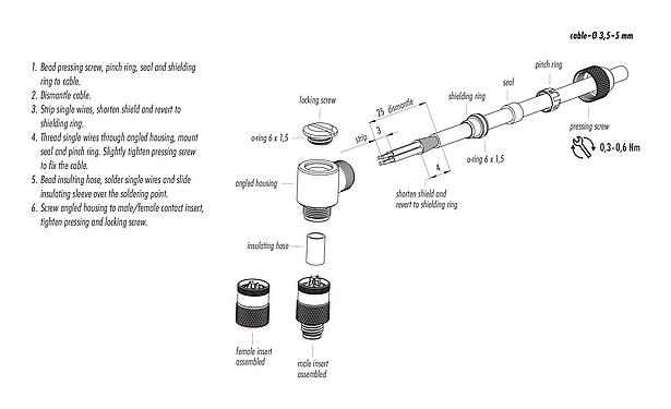 Montagehandleiding M8 Male haakse connector, aantal polen: 3, 3,5-5,0 mm, schermbaar, soldeer, IP67, UL 2238
