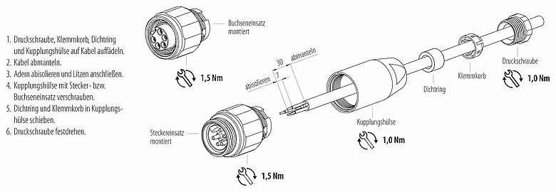 Montageanleitung 7/8" Kabelstecker, Polzahl: 3+PE, 6,0-8,0 mm, ungeschirmt, schraubklemm, IP67, UL 2238, VDE