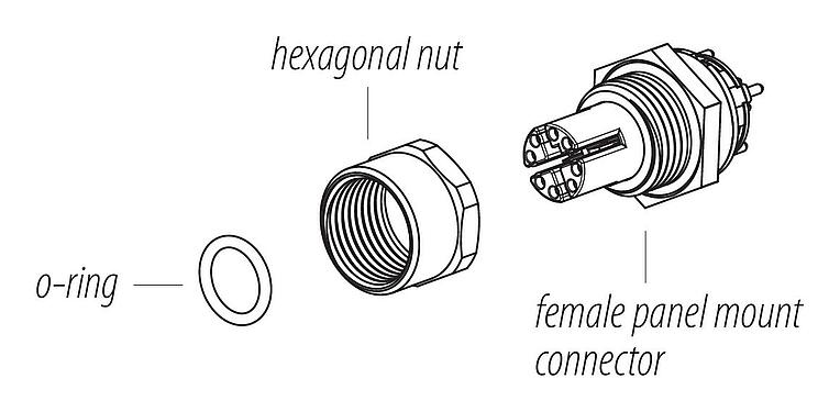 Montagehandleiding M12 Female panel mount connector, aantal polen: 8, schermbaar, THT, IP67, UL, M12x1,0, Frontaansluiting