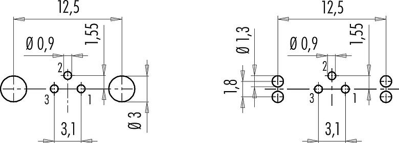 Conductor layout M9 Male panel mount connector, Contacts: 3, shieldable, THT, IP67, M12x0.5, Rear mounting, potted