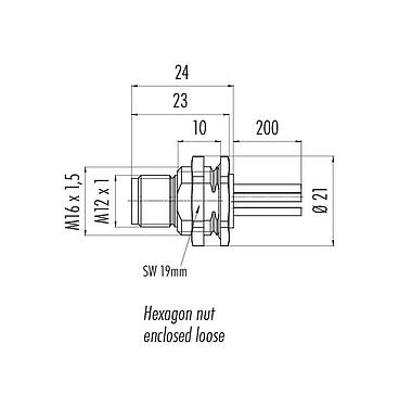 Scale drawing 09 0641 800 05 - M12 Male panel mount connector, Contacts: 4+FE, unshielded, single wires, IP68, UL, M16x1.5, front fastened