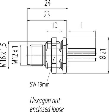 Dibujo a escala M12 Enchufe de brida, Número de contactos: 5, sin blindaje, hilos, IP68, UL 2238, M16x1,5, Montaje en pared
