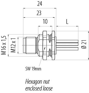Schaaltekening M12 Male panel mount connector, aantal polen: 5, onafgeschermd, draden, IP68, UL 2238, M16x1,5, Achterwandmontage