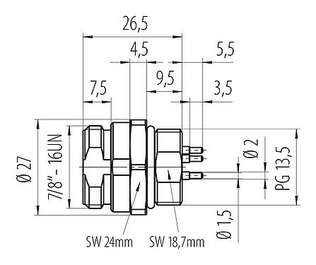 Maßzeichnung 7/8" Flanschstecker, Polzahl: 4+PE, ungeschirmt, THT, IP68, UL 2238, VDE, Frontmontage