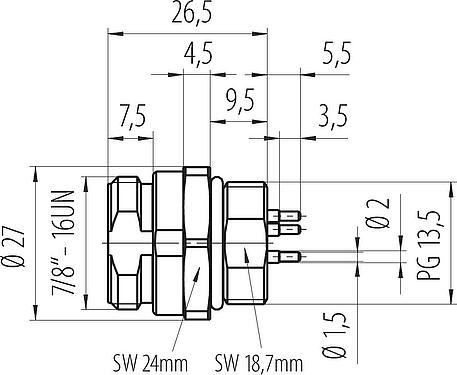 Mittakaavapiirustus 7/8" Laippapistoke, Napojen määrä: 4+PE, suojaamaton, THT, IP68, UL 2238, VDE, Etukiinnitys, valettu