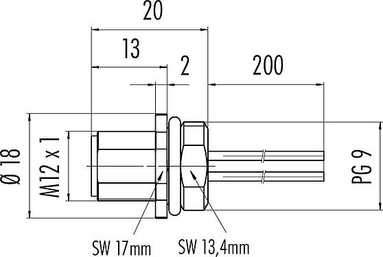Dessin coté M12 Embase mâle, Contacts: 5, non blindé, fils, IP67, UL 2238, VDE, PG 9, Montage frontal, pour l'alimentation électrique, coulé