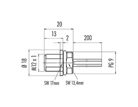 Schaaltekening M12 Male panel mount connector, aantal polen: 5, onafgeschermd, draden, IP67, UL 2238, VDE, PG 9, Frontaansluiting, voor vermogenstoepassingen (Power), gegoten